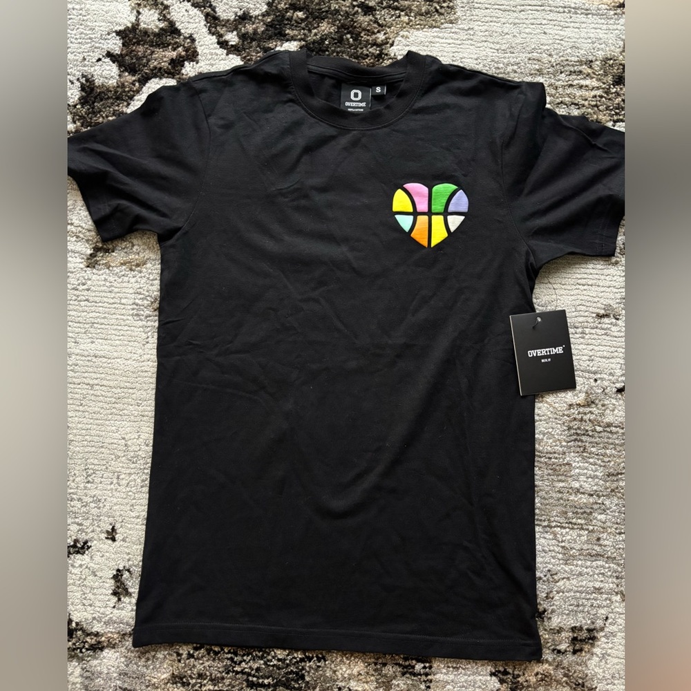 Overtime Black Short Sleeve Tee with Colorful Heart Design